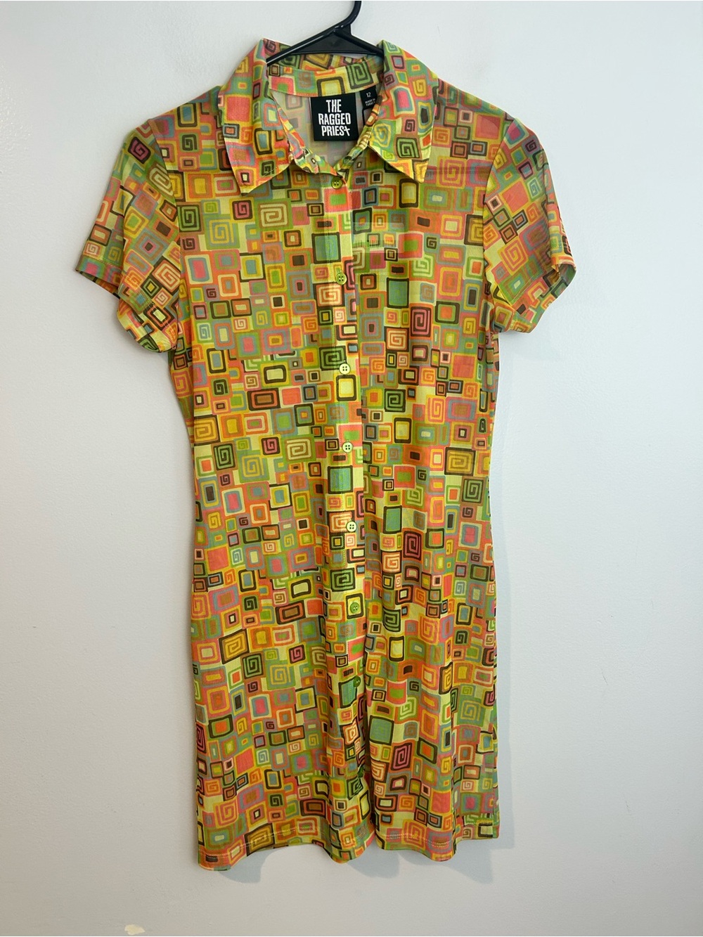 NWT Raggesd Priest Colorful Retro Square Button Down Mesh Shirt Mini Dress 12